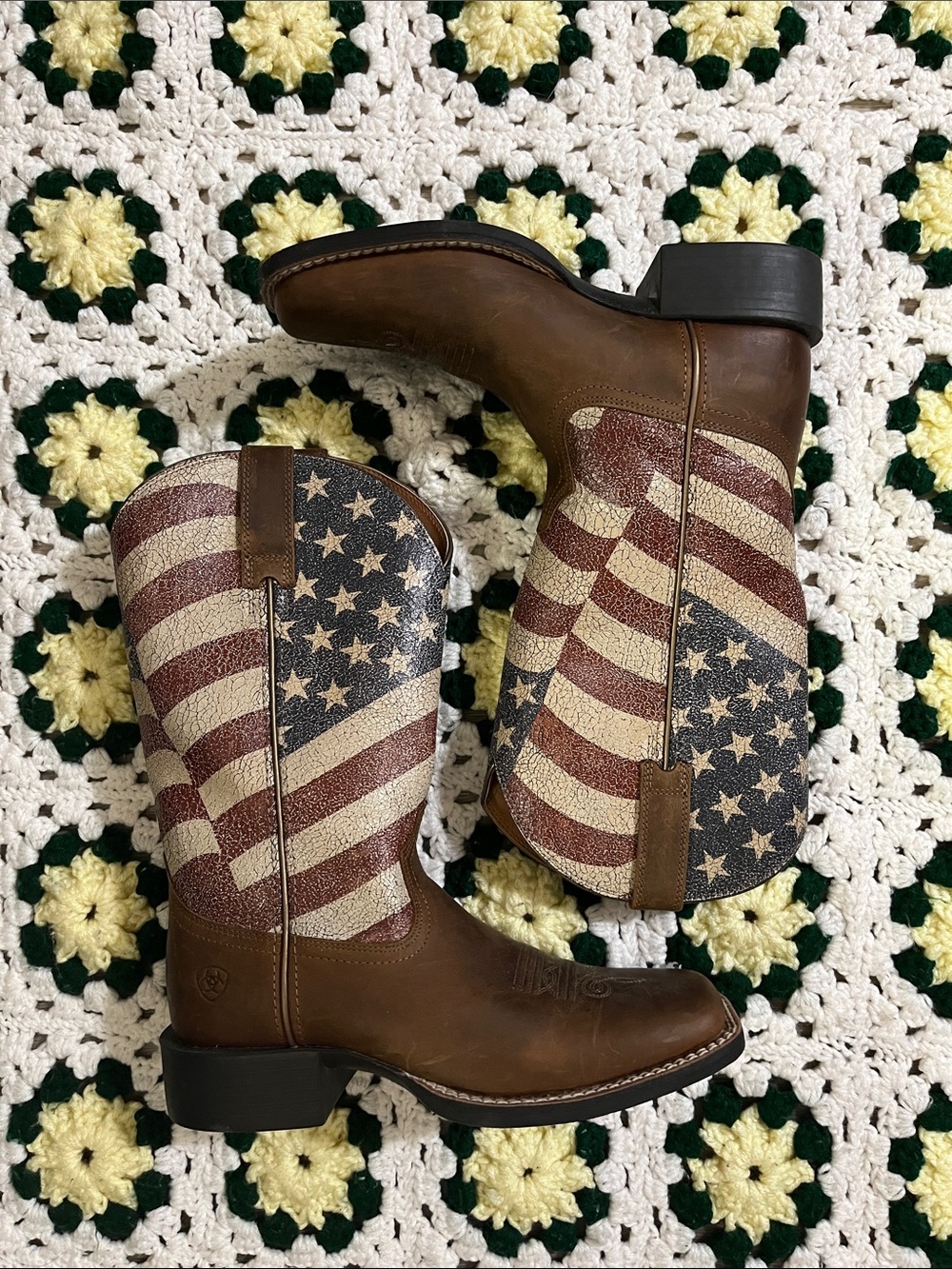 Ariat Brown Leather Western Boots with American Flag Shaft